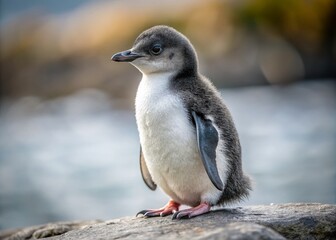 Adorable Erect-Crested Penguin Chick Posing on Rock, Wildlife Photography