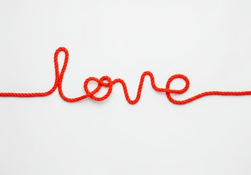 Naklejki Red love word scripted in twisted rope on white background symbolizing romance