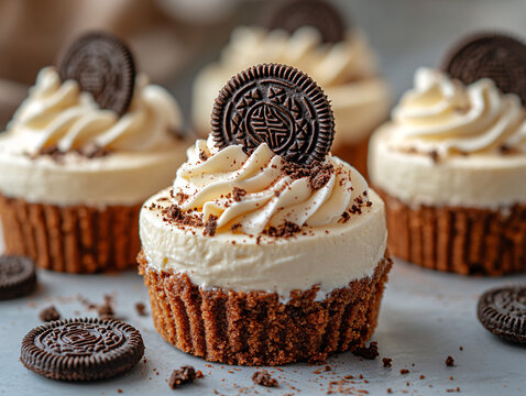 close-up of a mini cheesecake topped with whipped cream, crumbled Oreo cookies, and a whole Oreo cookie. The cheesecake has a chocolate cookie crust and is surrounded by additional Oreo cookies. - Powered by Adobe