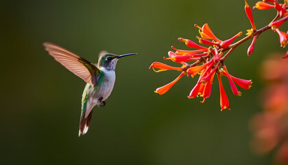 Fototapeta premium Green Hummingbird Hovering Near Red Flower