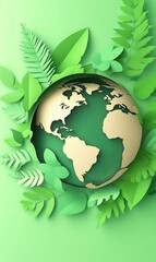Paper Earth globe surrounded by leaves on green background for environmental projects
