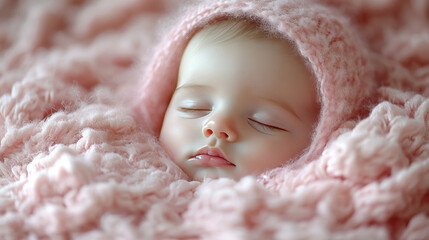 Peaceful sleeping baby wrapped in cozy pink blanket for birth announcements or nursery decor