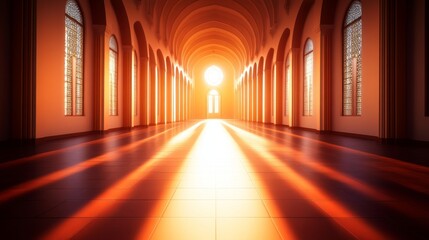 Serene interior of an elegant hall with sunlight streaming through arched windows at sunset