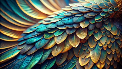 Colorful Feather Texture with Blue and Gold Hues for Design Use