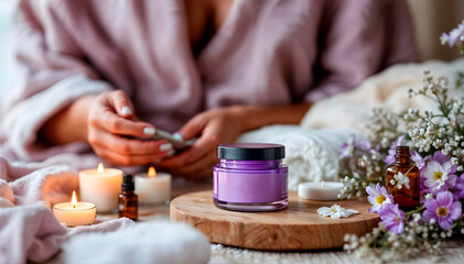Relaxing Spa Scene with Lavender Cream and Aromatherapy Candles