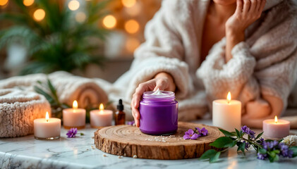 Relaxing Spa Scene with Lavender Cream and Aromatherapy Candles