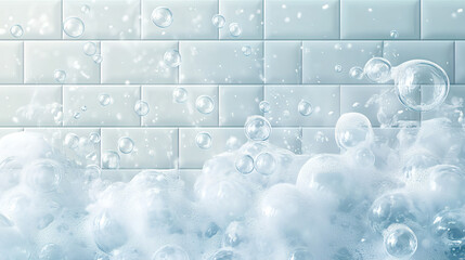 Fresh White Soap Bubbles Against Clean Subway Tile Background – Perfect Hygienic Concept for Bathroom Themes, Cleaning Products, and Spa