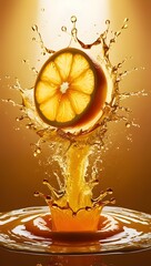 A radiant orange slice crashes into juice, creating a stunning golden splash with shimmering droplets, frozen in time with breathtaking clarity.

