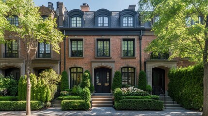 Elegant townhouse exterior with lush greenery, showcasing luxury living in an exclusive neighborhood