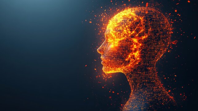 Shattered Mind. Abstract Head With Technology Network Glowing. Digital Art. Futuristic Concept