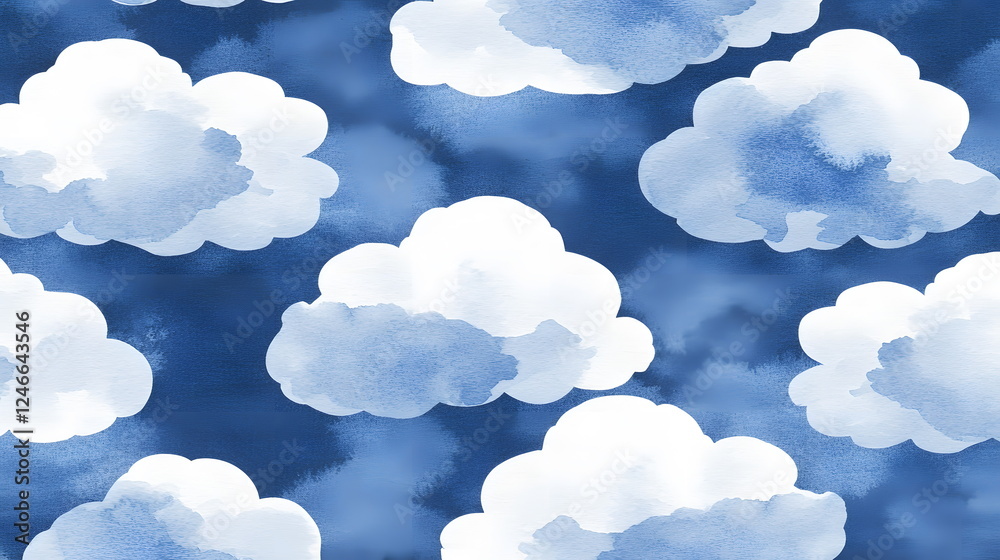 Wall mural cloud patterns on a deep blue background with soft, fluffy white shapes and texture.