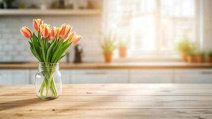vibrant bouquet of orange tulips in glass jar sits on wooden table, brightening cozy kitchen with natural light streaming through window
