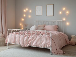 Cozy Children's Bedroom Minimalist Design with White Bed Pink Bedding Fairy Lights Scandinavian Style