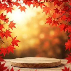 Autumn background scene with red maple leaves and wooden podium stand. Natural seasonal home decor for fall season showroom.