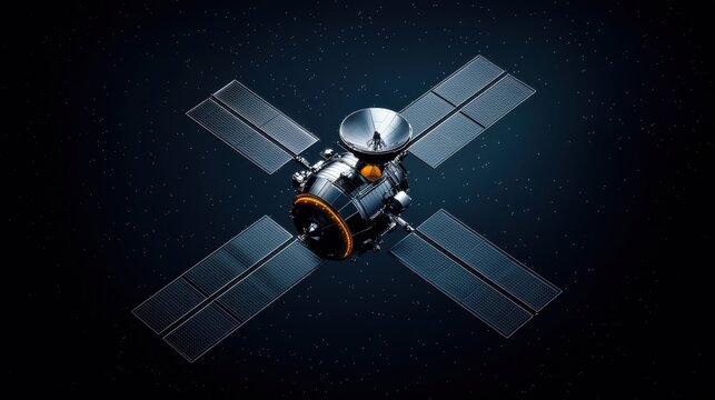 A satellite with solar panels, orbiting in space, showcasing advanced technology and innovation in communication and exploration.
