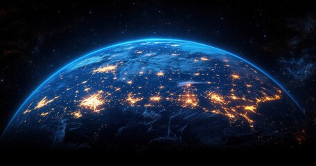 Obraz premium Earth from Space Cyberpunk Illustration of Europe with City Lights and Teal Outline of Political Borders