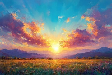 Fototapeta premium Vibrant Sunburst in Clear Blue Sky with Soft Cloud Formations