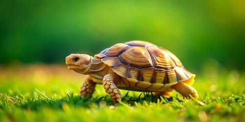 Obraz premium Adorable Sulcata Tortoise Strolling on Lush Green Lawn - Tilt-Shift Miniature Photography