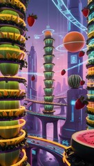 A futuristic city made of glowing, neon-infused fruits, featuring high-tech skyscrapers, bridges, drones, and holographic energy in a cyberpunk-inspired world
