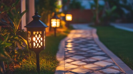 Beautiful Lanterns Illuminating Pathway in a Green Garden at Night