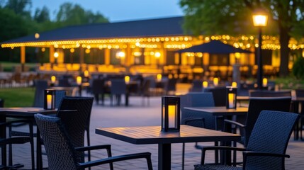 Evening outdoor dining scene with illuminated tables and cozy atmosphere in a restaurant garden