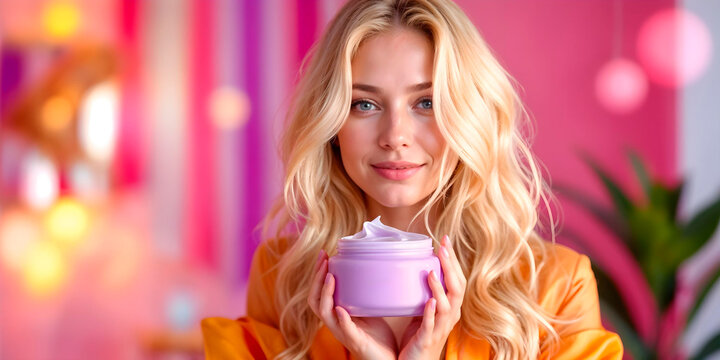 Blonde Woman Holding Purple Jar with Wavy Hair in a Colorful Modern Background