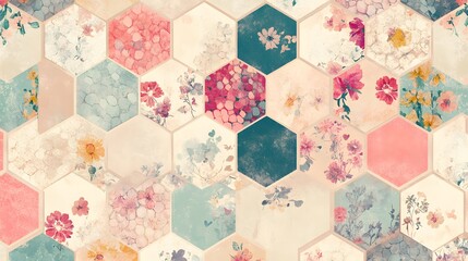 A repeating pattern of stylized floral designs within hexagon shapes creating honeycomb-like structure