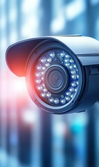 Security camera monitoring blurred office background, ideal for safety concepts