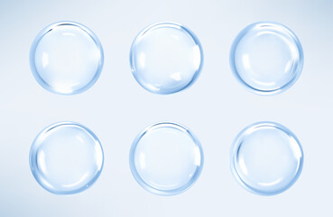 Transparent blue liquid bubbles. Cosmetic oil, serum or essence. Skincare product. Concept skin care cosmetics solution. Vector illustration
