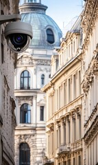 Fototapeta premium Security camera monitoring historic European city street with ornate buildings
