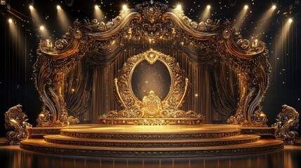 Luxurious golden stage design with focused spotlights and ornate decorations, ideal for award ceremonies