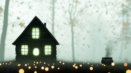 A dark, twisted cottage in the middle of a spooky forest, with glowing green windows and a cauldron bubbling outside