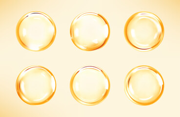 Transparent golden liquid bubbles. Cosmetic oil, serum or essence. Skincare product. Concept skin care cosmetics solution. Vector illustration