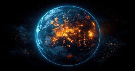 Obraz premium Digital Illustration of Earth from Space Showing Europe at Night with City Lights and Neon Border Highlights