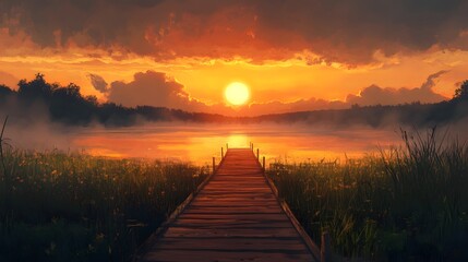 Fototapeta premium A wooden bridge leading to the sunrise over an open field, symbolizing hope and new beginnings 