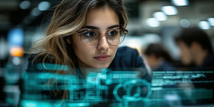A young woman wearing glasses focuses intently on digital data displayed on her screen during a tech workshop. The surrounding environment is lively, reflecting innovation