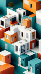 A vibrant, abstract representation of modern houses, showcasing a mix of colorful facades and geometric patterns.
