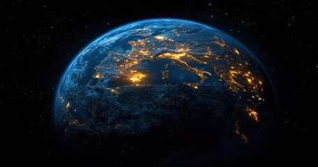Obraz premium Earth from Space Hyper-Realistic View of Europe and Middle East Illuminated by City Lights 2025 Borders