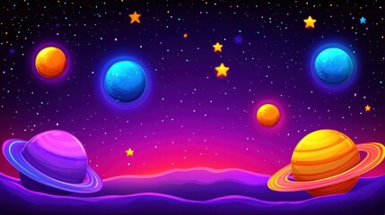 Colorful Cartoon Illustration of Planets and Stars in Space