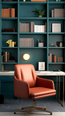 A modern workspace featuring a stylish orange chair, a marble desk, and a teal bookshelf filled with books and decorative items.