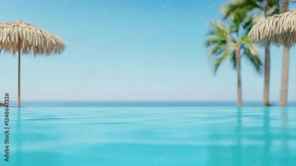 Poster Serene slow motion view of a tranquil poolside scene with palm trees and a parasol under a clear blue sky, evoking a peaceful resort getaway