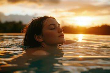 Fototapeta premium Girl relaxing and enjoying a serene swim in a warm pool during sunset.