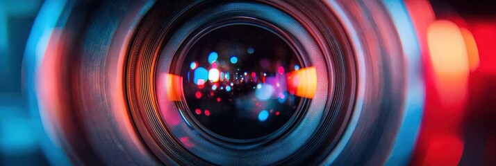 Close-Up of a Video Camera Lens with Abstract Bokeh Lights and Reflections in Vibrant Colors for Creative and Artistic Projects