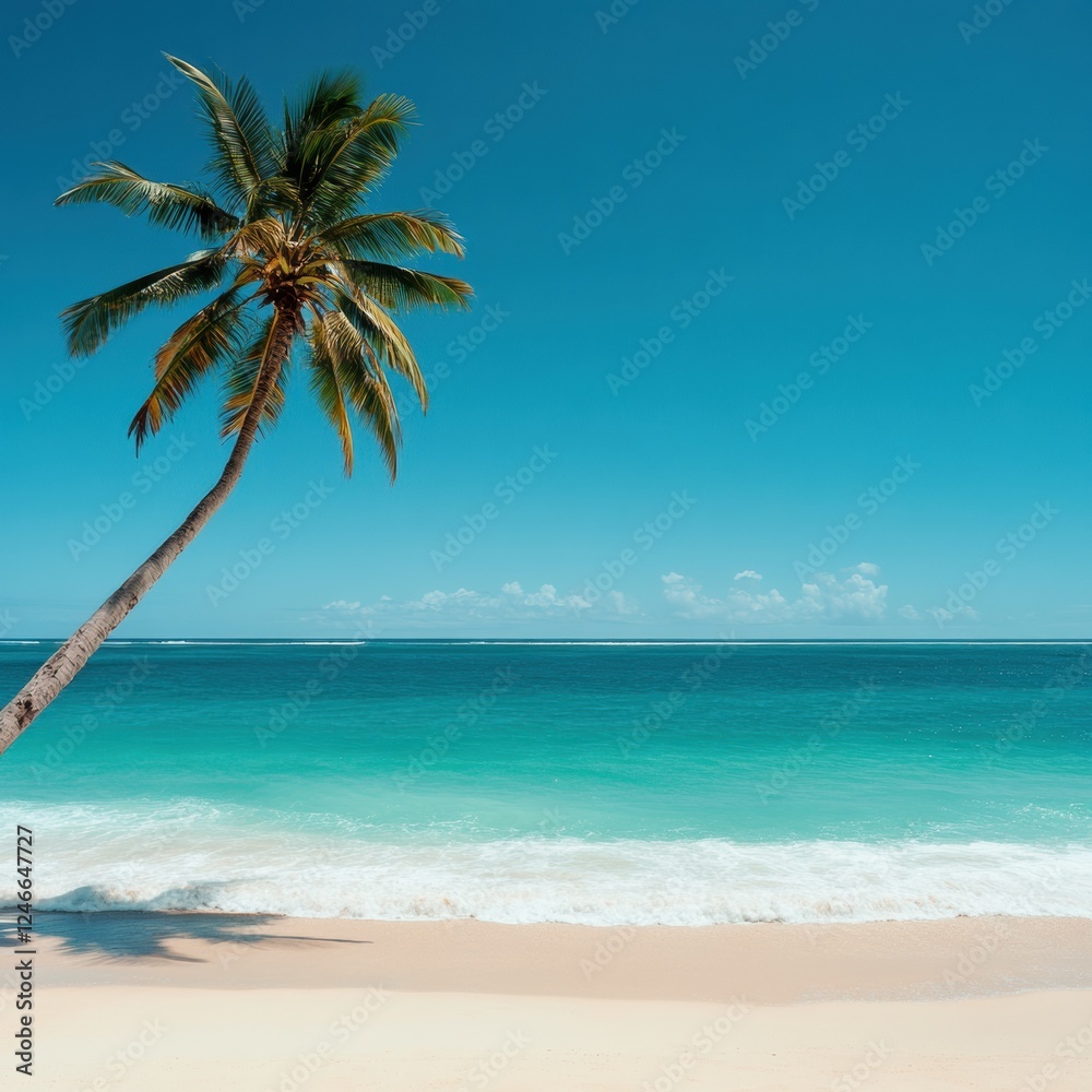 Poster tropical beach paradise with coconut palm tree and turquoise water, perfect for relaxation and tranq