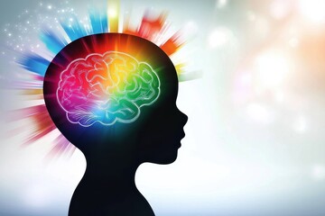 Autism spectrum disorder. Silhouette of a child's head with a colorful brain illustration radiating vibrant energy.