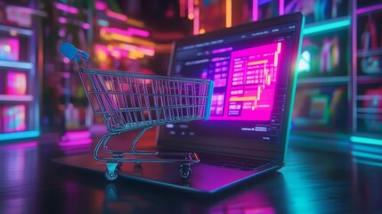 The shopping cart is on the laptop. The concept of online trading