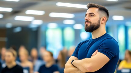 Engaged man with beard listening attentively in seminar room filled with focused audience