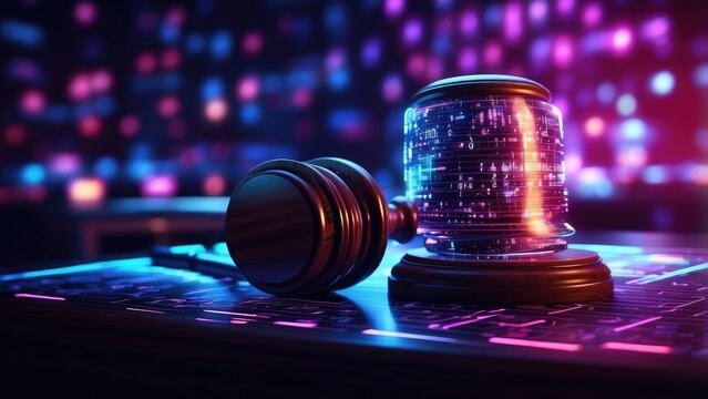 A judge's gavel is placed on a digitally rendered surface with glowing circuitry and binary code