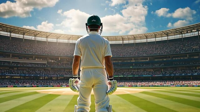 Cricket player prepares for a match in a packed stadium under a bright sky