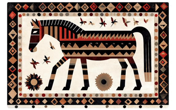 A Ceramic Tile with Assyrian Art and Geometric Designs Isolated On Transparent Background.